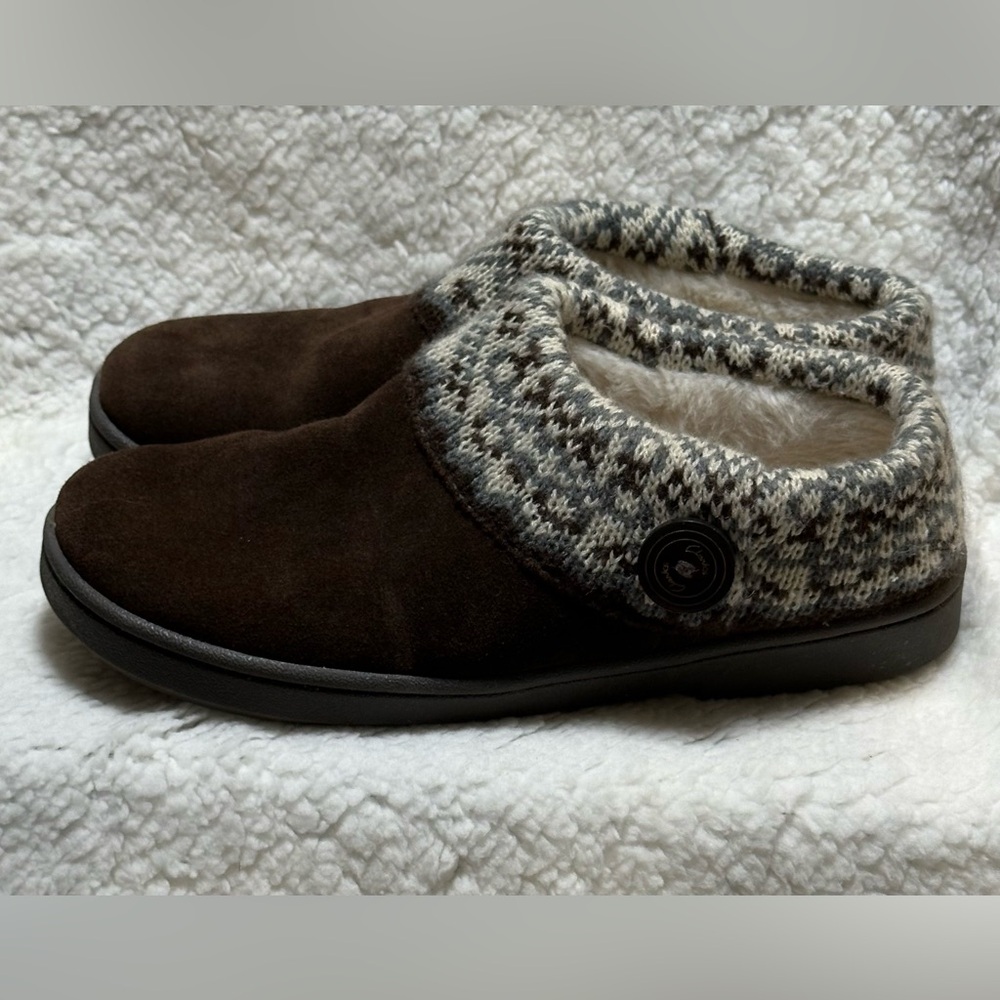 Clarks Womens Size 8M Black Leather Faux Fur Slip On Clog Slippers Knit Trim - Picture 5 of 10